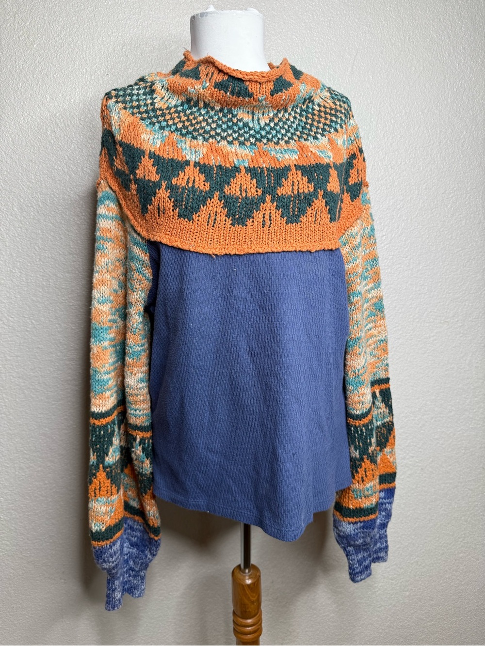 Free People Blue Sweater with Orange and Dark Green Fair Isle Yoke